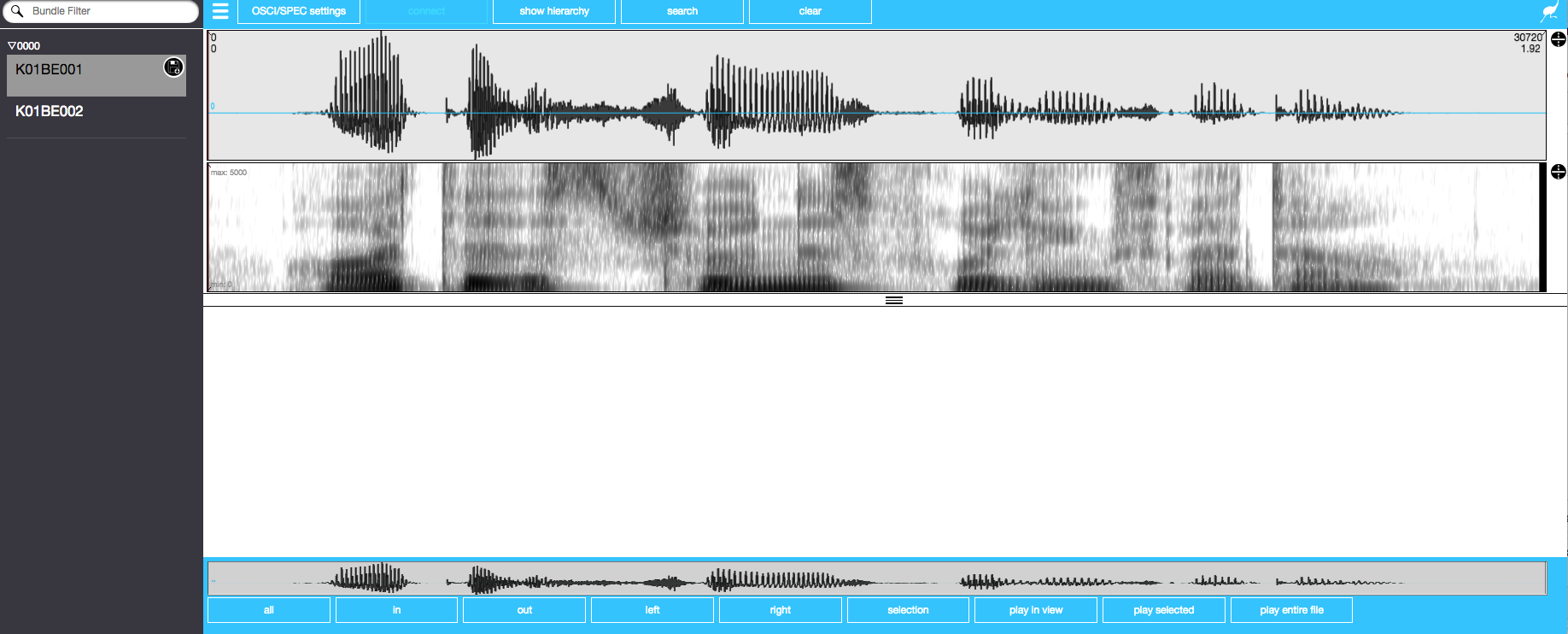 The EMU-webApp showing waveform and spectrogram of the first utterance K01BE001