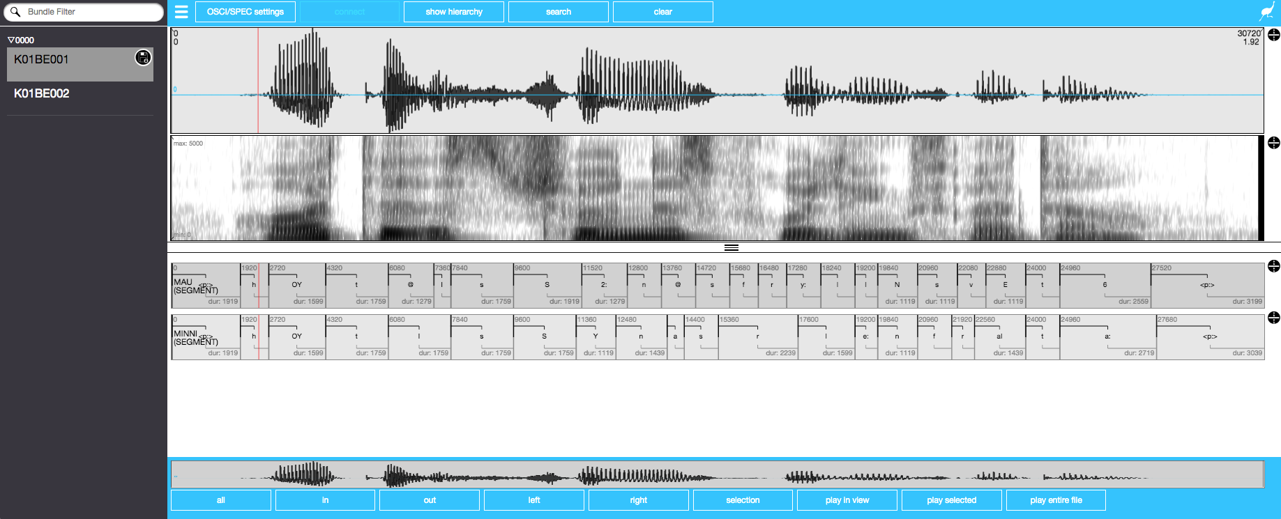 The EMU-webApp showing waveform, spectrogram, MAU segments, and MINNI segments of the first utterance K01BE001 after segmentation by the BASwebServices